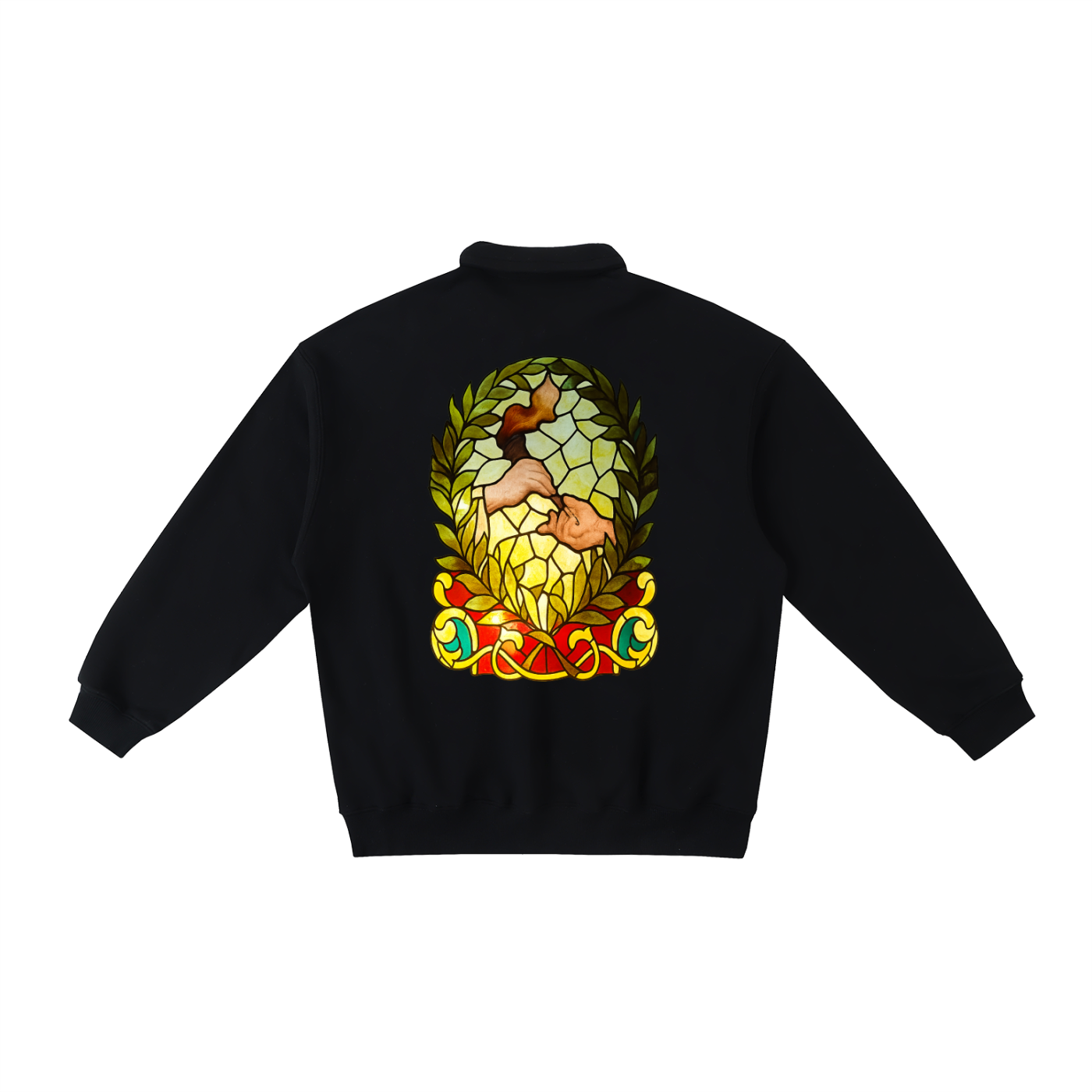 Torch Back/ Falcon Front Stained Glass Heavyweight Polo-Collar Sweatshirt