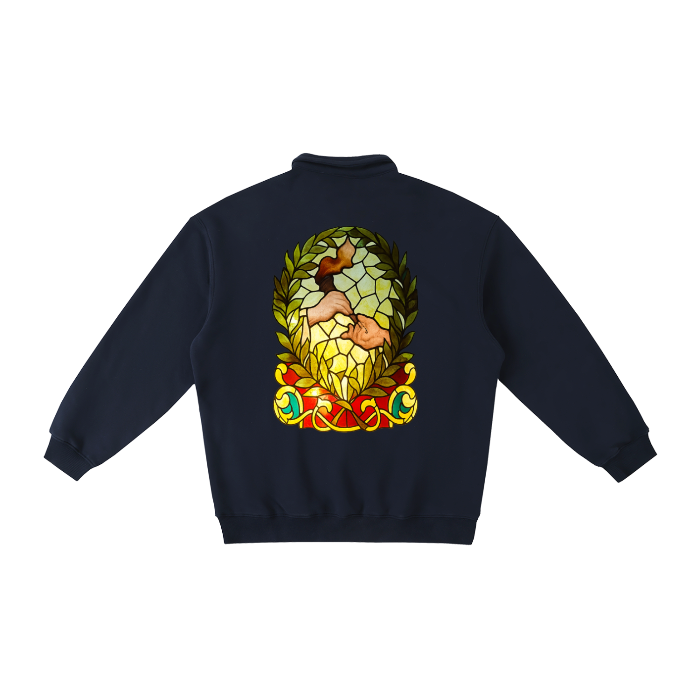 Torch Back/ Falcon Front Stained Glass Heavyweight Polo-Collar Sweatshirt