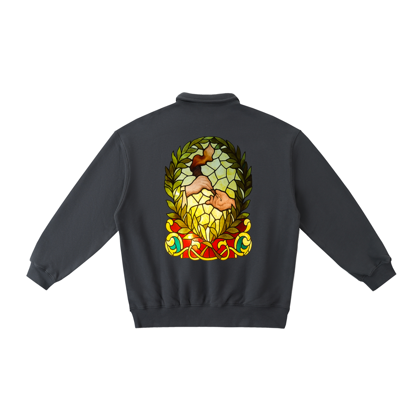 Torch Back/ Falcon Front Stained Glass Heavyweight Polo-Collar Sweatshirt