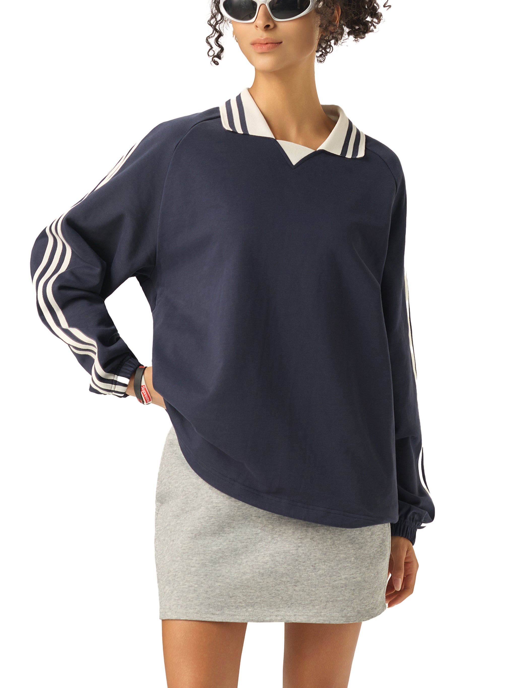Grocer Toon Striped Lapel Collar Sweatshirt